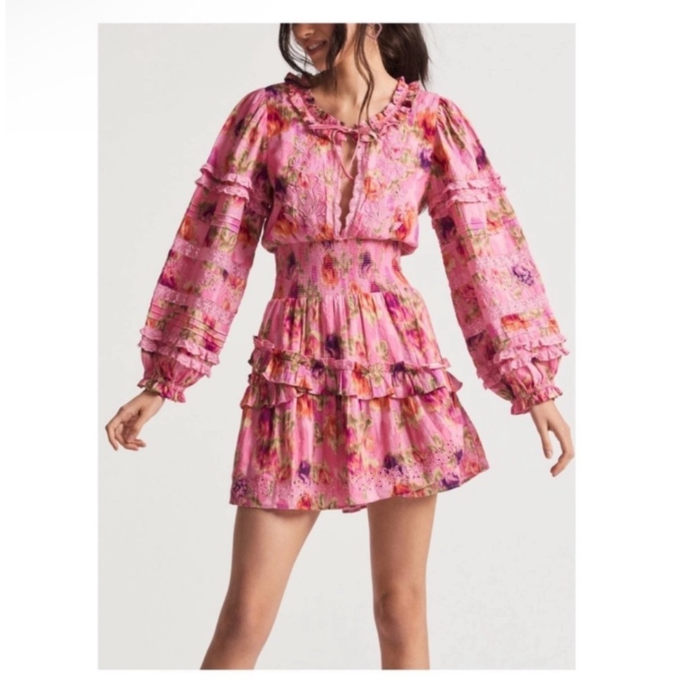 New! LoveShackFancy Pink Floral Ruffle Mini Dress - Picture 6 of 16